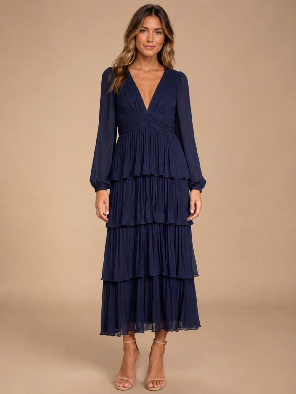 NWT Lulus Graceful Finesse Navy Blue Pleated Long Sleeve Maxi Dress Size S